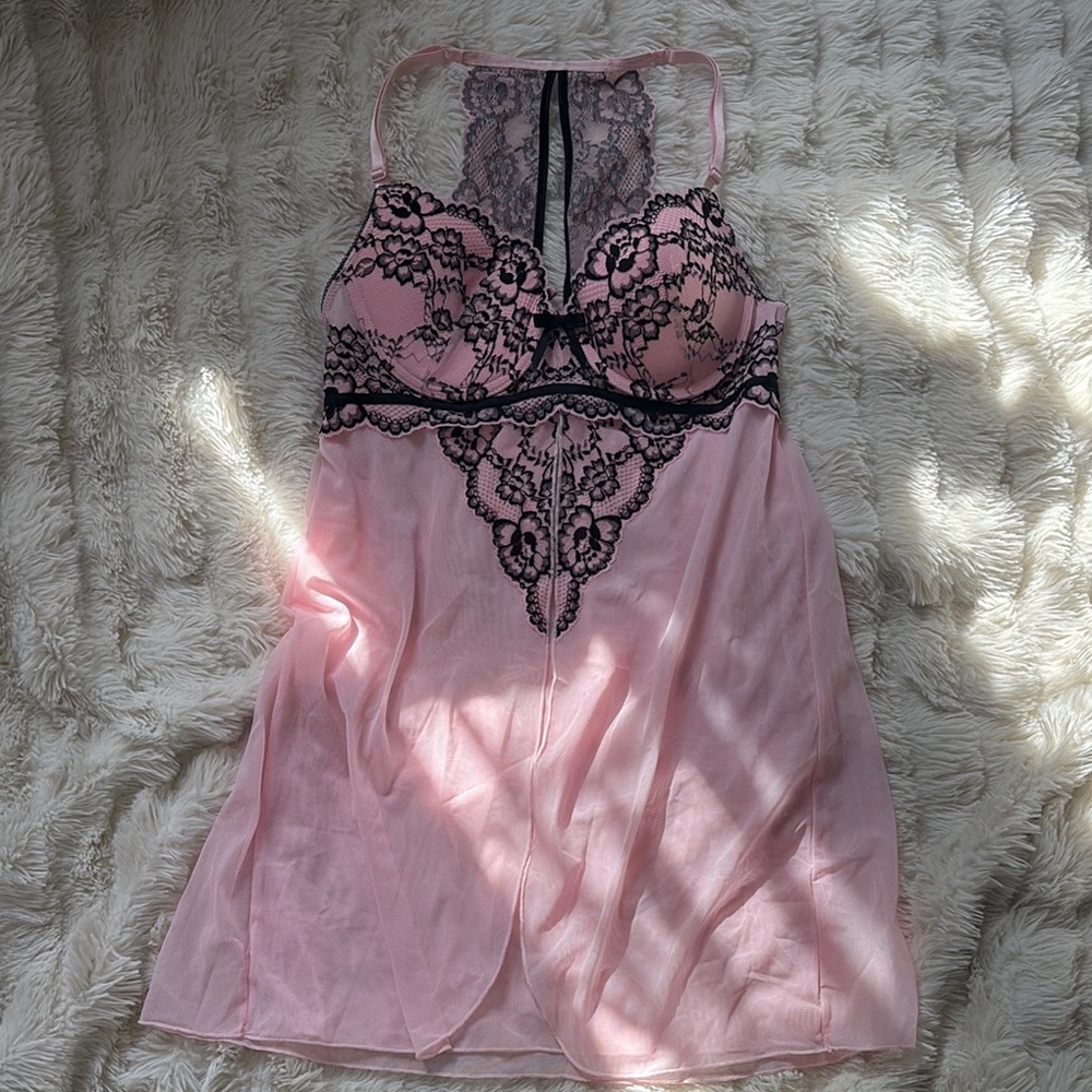 La Vie En Rose Pink and Black Lace Chemise